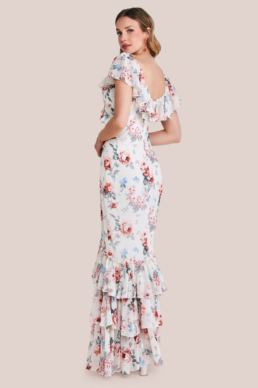 Floral Printed Chiffon Ruffle Maxi - Cream DR3750