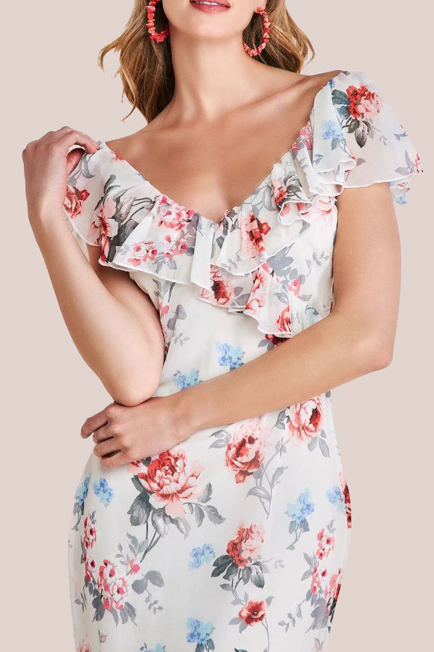 Floral Printed Chiffon Ruffle Maxi - Cream DR3750