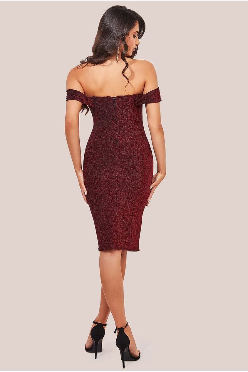 Lurex Cowl Neck Off The Shoulder Midi - Red DR3752