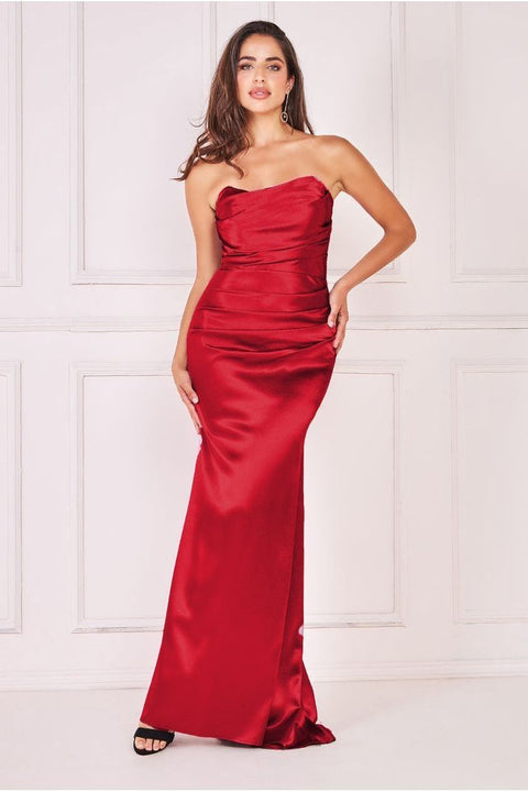 Satin Bandeau Maxi Dress - Red by Goddiva