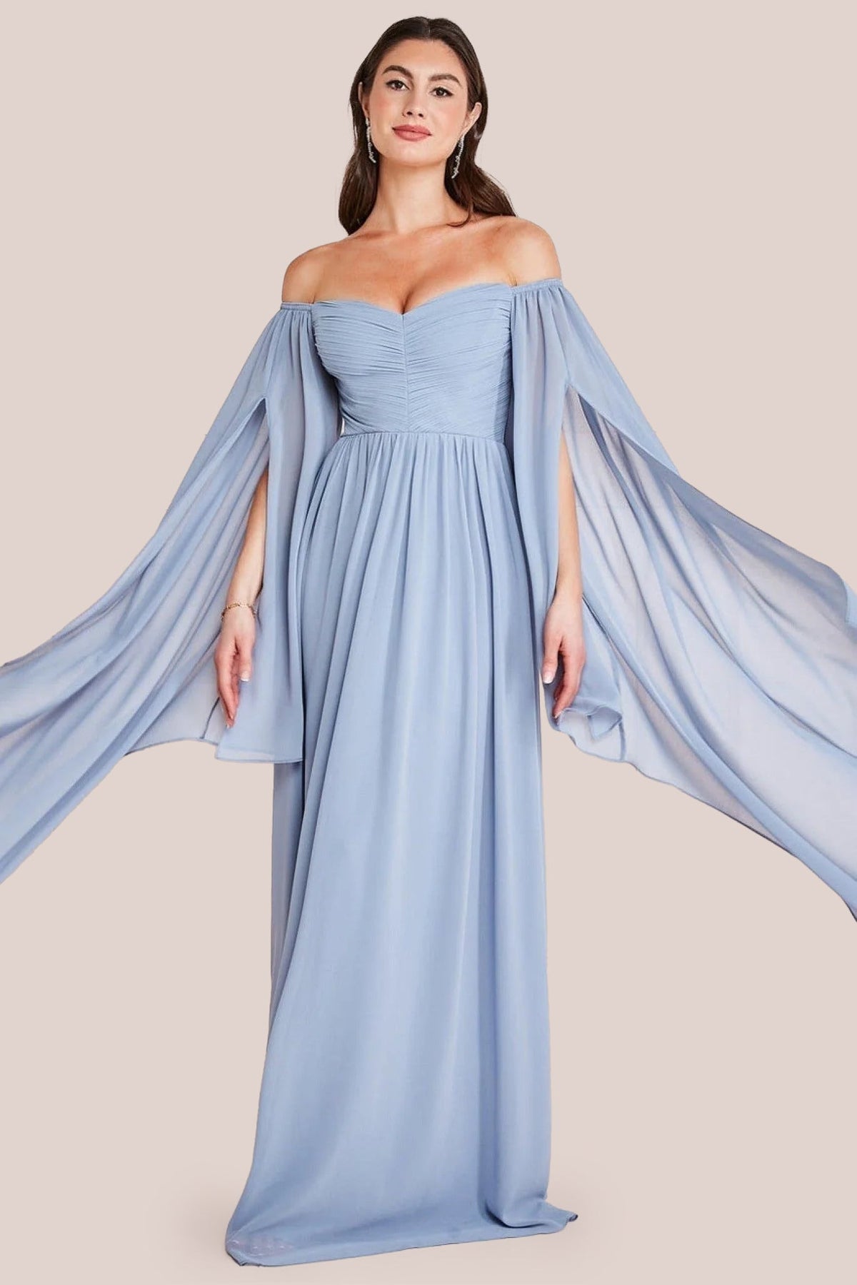Chiffon Off The Shoulder Maxi With Cape Sleeves - Blue DR3780