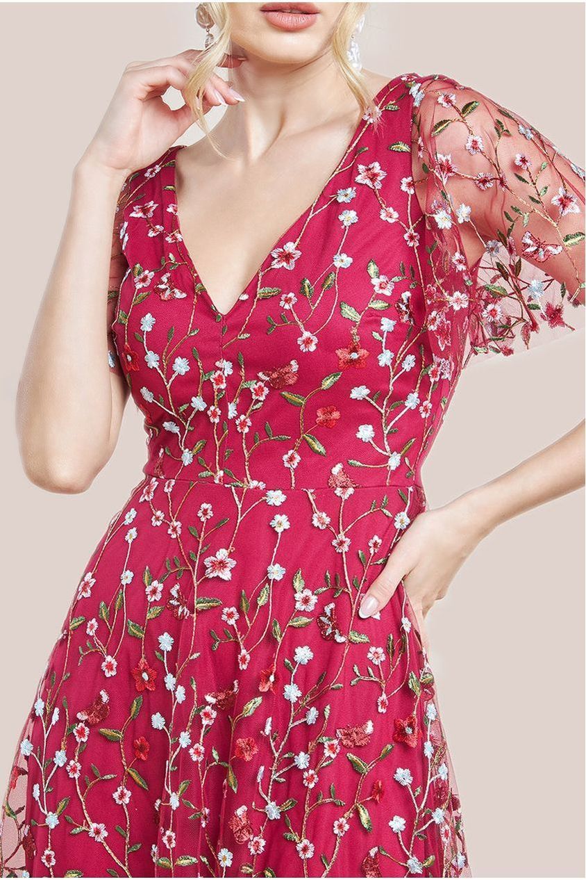 Flutter Sleeve Floral Embroidered Maxi - Burgundy DR3798