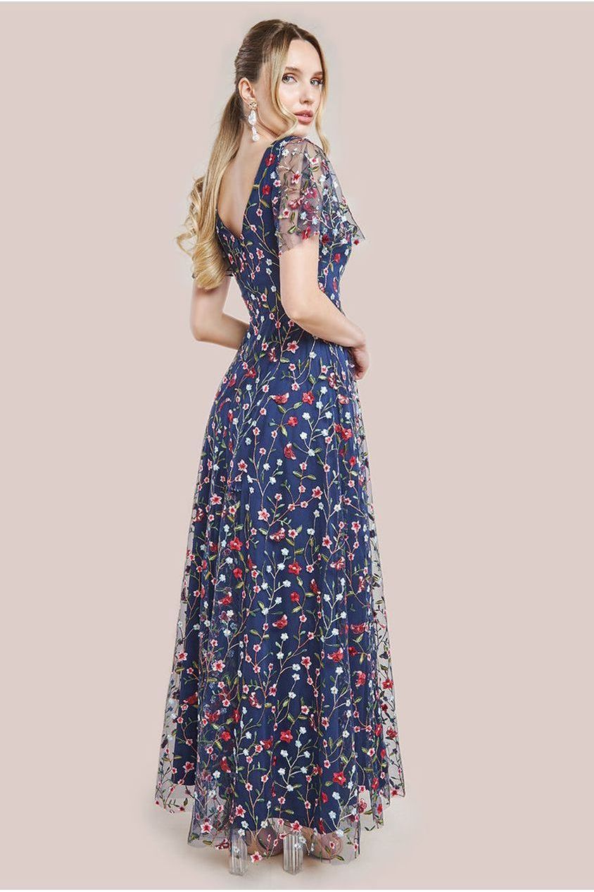 Flutter Sleeve Floral Embroidered Maxi - Navy DR3798