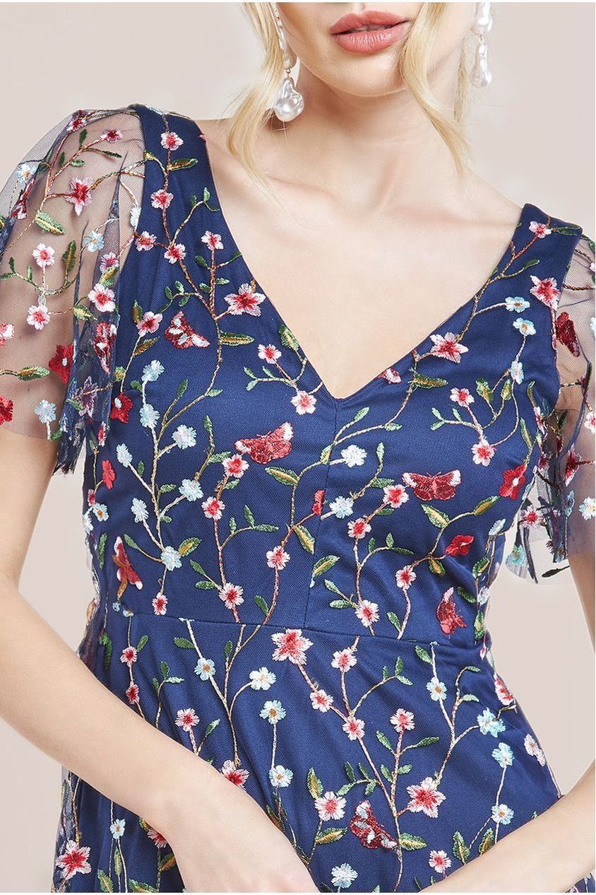 Flutter Sleeve Floral Embroidered Maxi - Navy DR3798