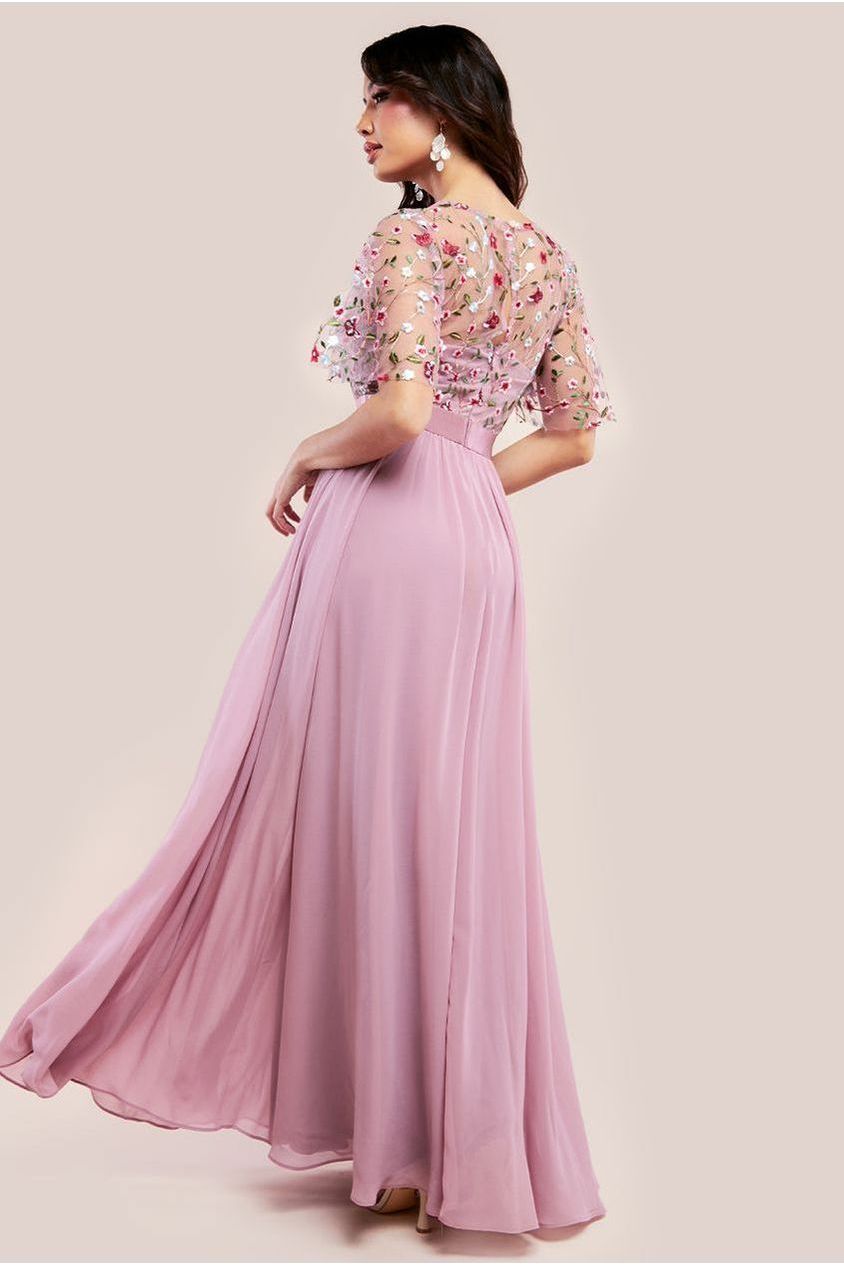 Embroidered Top Flutter Sleeve Maxi - Rosepink DR3799