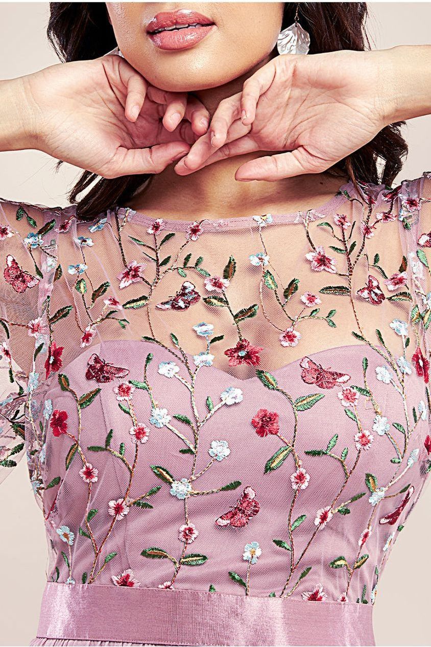 Embroidered Top Flutter Sleeve Maxi - Rosepink DR3799