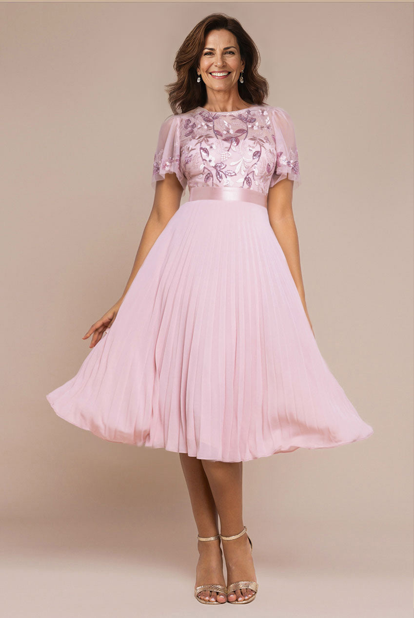 Embroidered Top Chiffon Pleated Midi - Blush Pink DR3802M