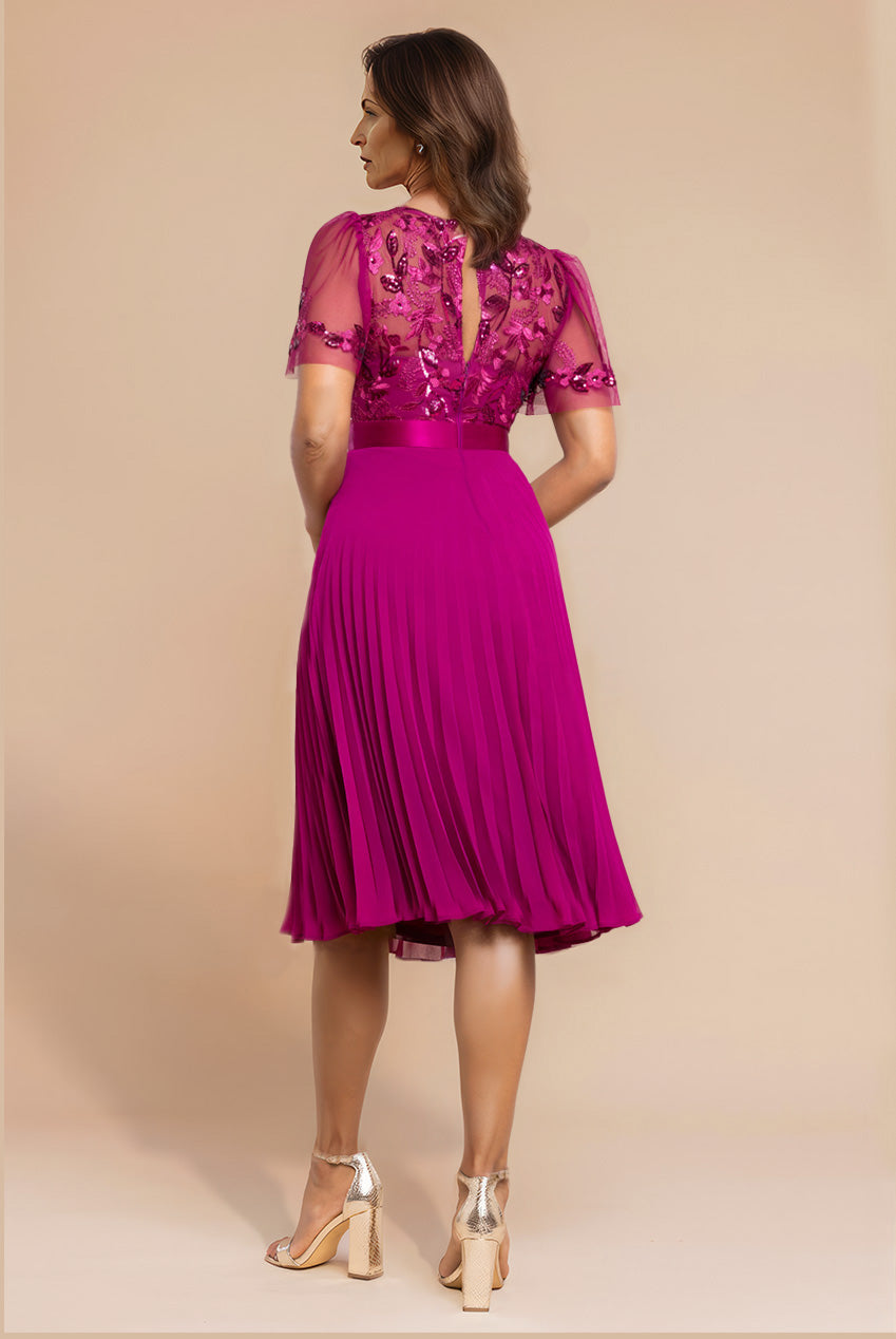 Embroidered Top Chiffon Pleated Midi - Magenta DR3802M