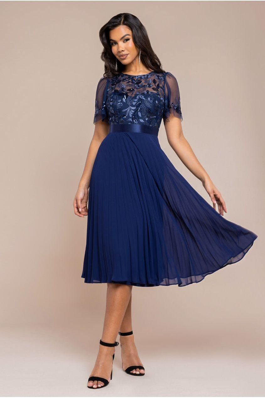 Embroidered Top Chiffon Pleated Midi - Navy Blue DR3802