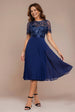 Embroidered Top Chiffon Pleated Midi - Navy Blue by Goddiva