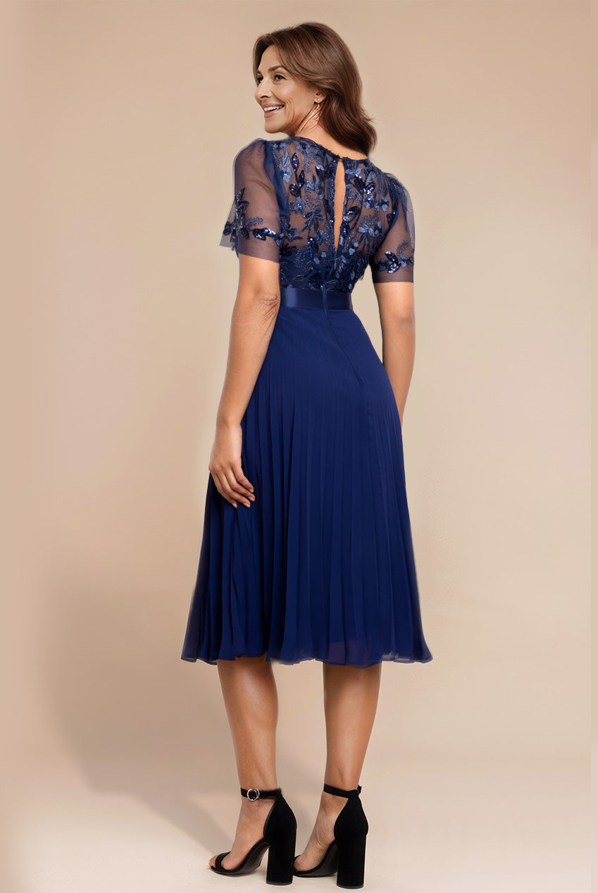 Embroidered Top Chiffon Pleated Midi - Navy Blue DR3802M