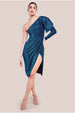 One Sleeve Frill Lurex Midi Dress - Blue by Goddiva