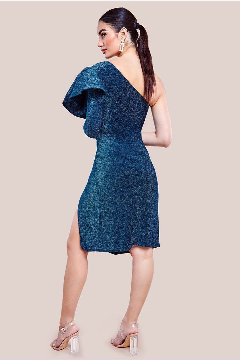 One Sleeve Frill Lurex Midi Dress - Blue DR3806