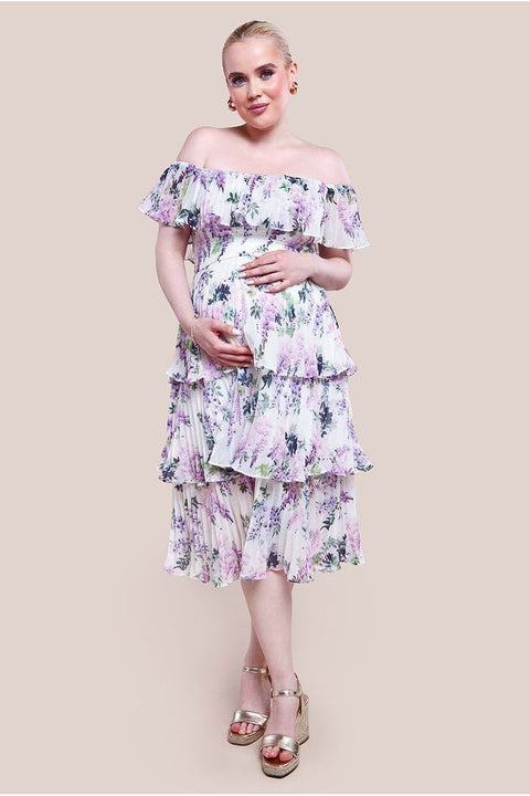 Maternity Shirred Chiffon Floral Bardot Midi Dress - Multi by Goddiva