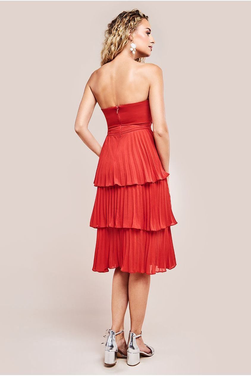 Pleated Bandeau Bodice Chiffon Tiered Midi - Orange DR3811