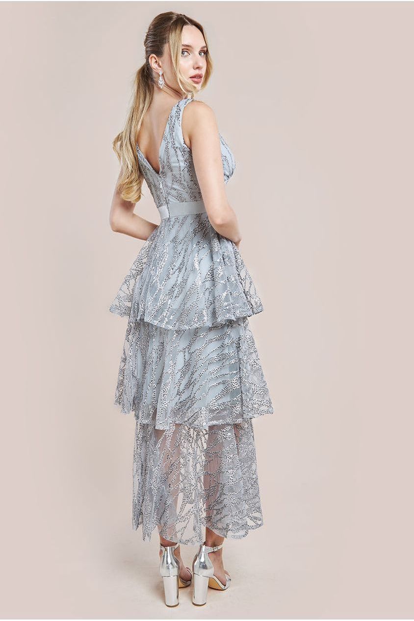 Embroidered Mesh Tiered Midi Dress - Grey DR3812
