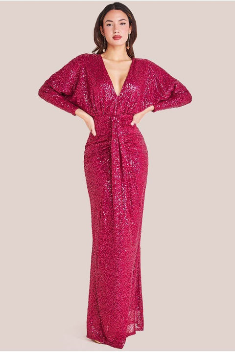 Plunge V-Neck Sequin Maxi - Burgundy by Goddiva