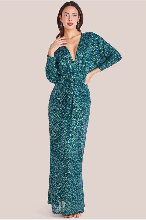 Plunge V-Neck Sequin Maxi - Emerald Green by Goddiva