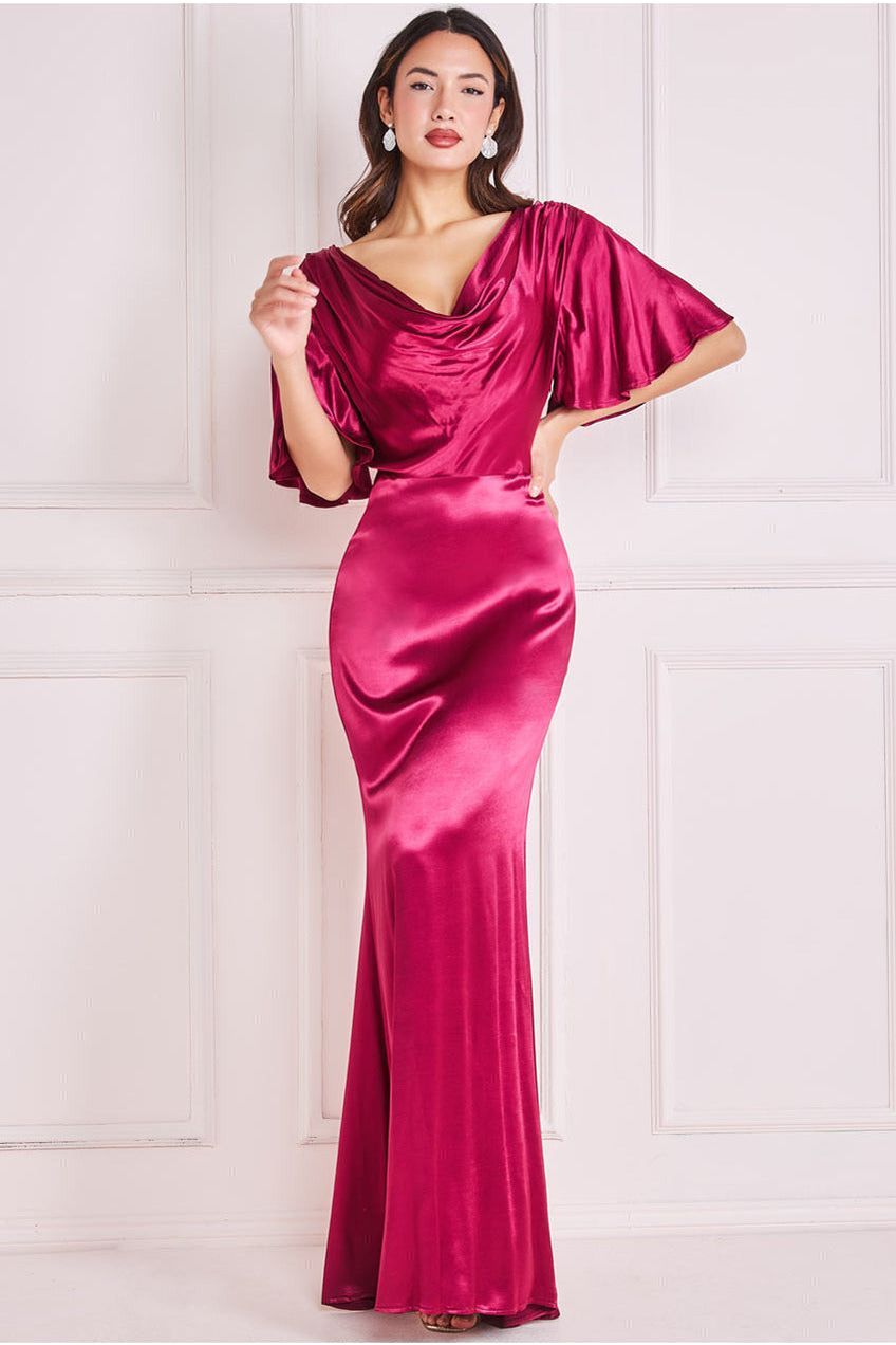 Satin Viscose Cowl Neck Maxi With Train - Burgundy DR3857