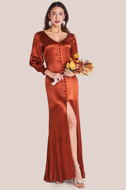 Satin Viscose Front Split Maxi - Brown by Goddiva