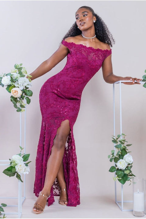 Lace Scallop Edge Mermaid Maxi Dress - Burgundy by Goddiva