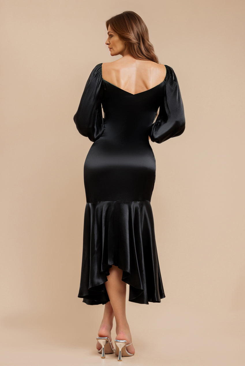 Satin Viscose Front Buttoned Dipped Hem Midaxi Dress - Black DR3899M