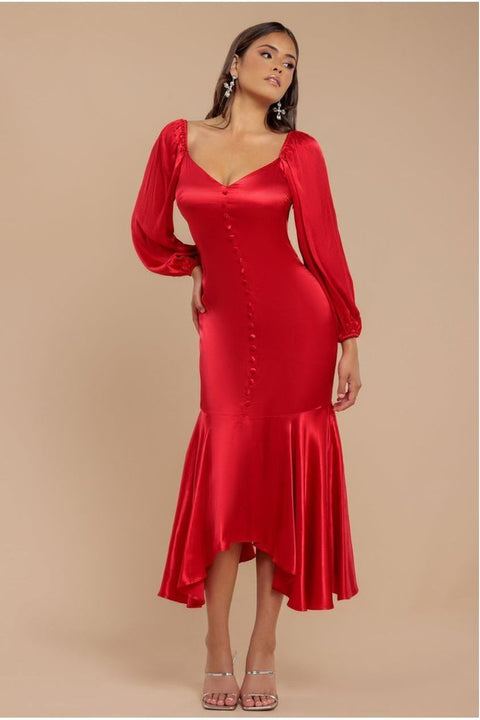 Satin Viscose Front Buttoned Dipped Hem Midaxi Dress - Red by Goddiva