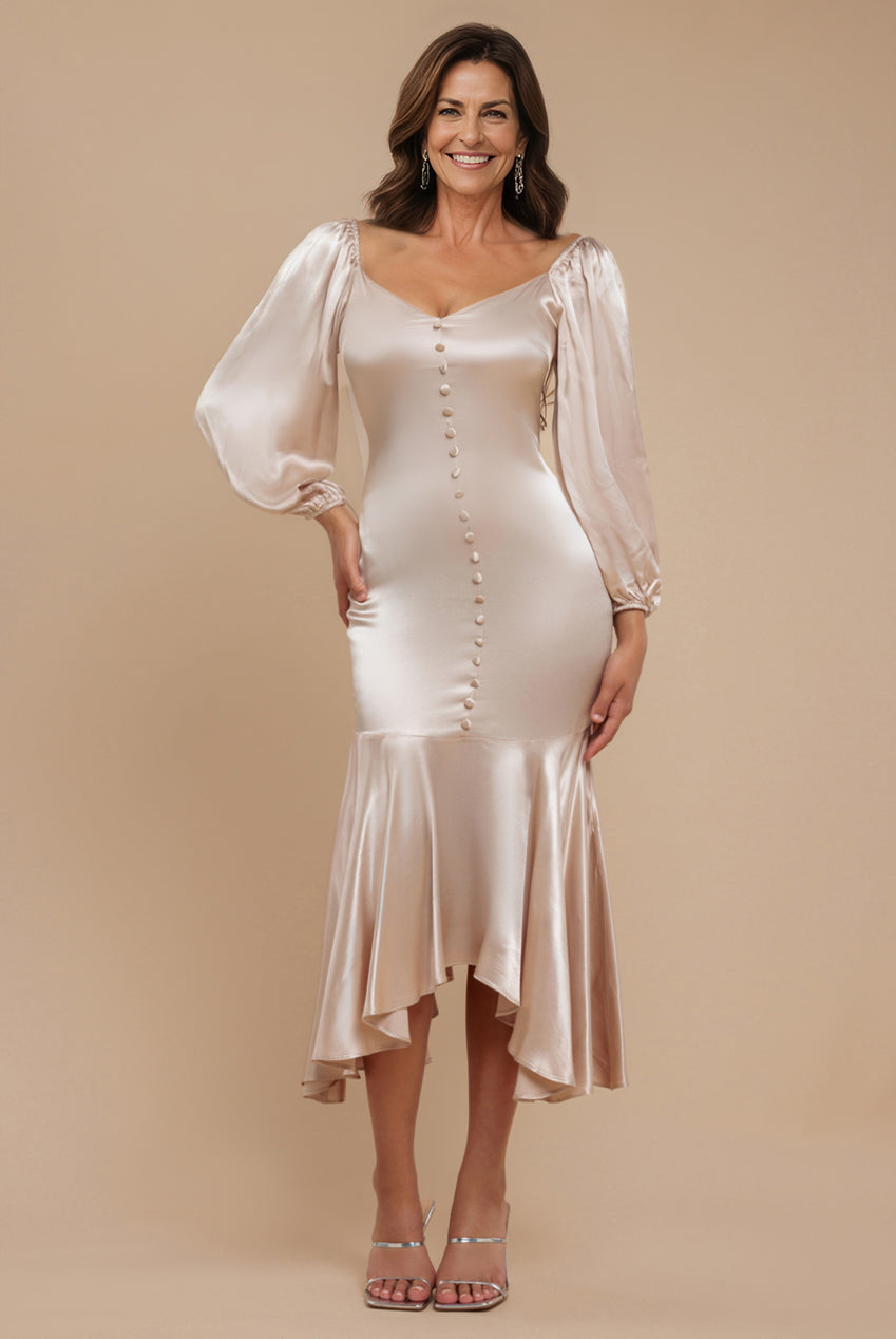 Satin Viscose Front Buttoned Dipped Hem Midaxi Dress - Champagne DR3899M