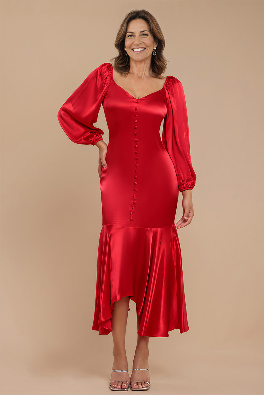 Satin Viscose Front Buttoned Dipped Hem Midaxi Dress - Red DR3899M