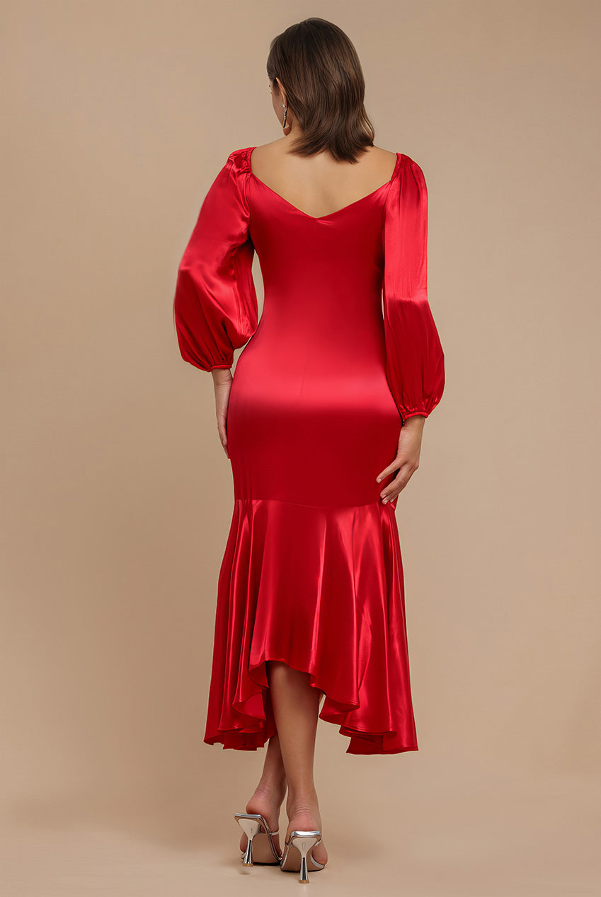 Satin Viscose Front Buttoned Dipped Hem Midaxi Dress - Red DR3899M