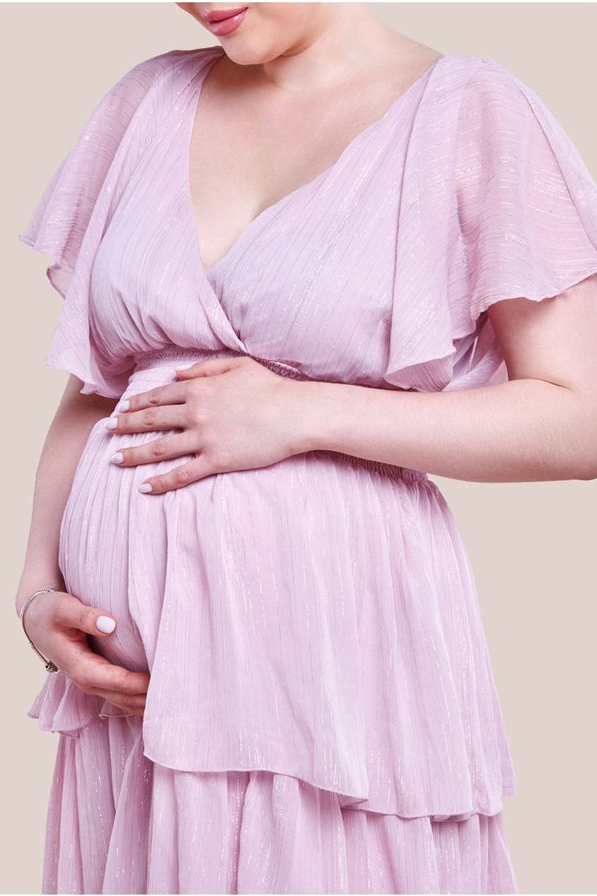 Maternity Plain Lurex Chiffon Tiered Midi Dress - Pink DR3905MAT