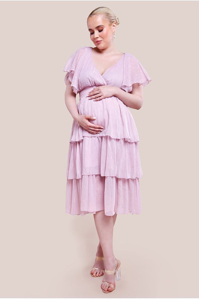 Maternity Plain Lurex Chiffon Tiered Midi Dress - Pink DR3905MAT