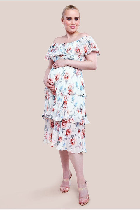 Maternity Pleated Bodice Chiffon Tiered Midi Dress - Cream by Goddiva