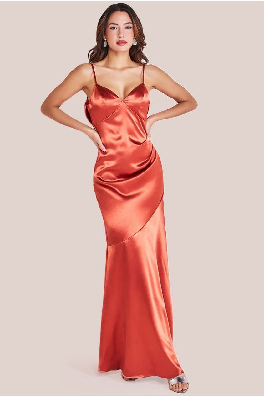 Cowl Back Satin Maxi Dress - Burntorange DR3920