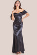 Off Shoulder Satin Maxi Dress With V Neck - Black by Goddiva