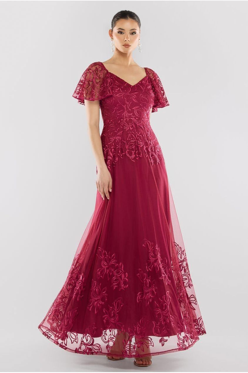 Lace Flutter Sleeve Embroidered Mesh A Line Maxi Dress - Burgundy DR3942