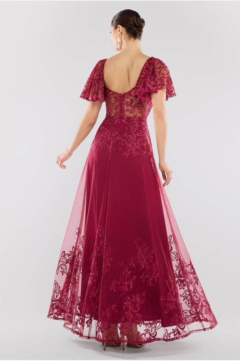 Lace Flutter Sleeve Embroidered Mesh A Line Maxi Dress - Burgundy DR3942