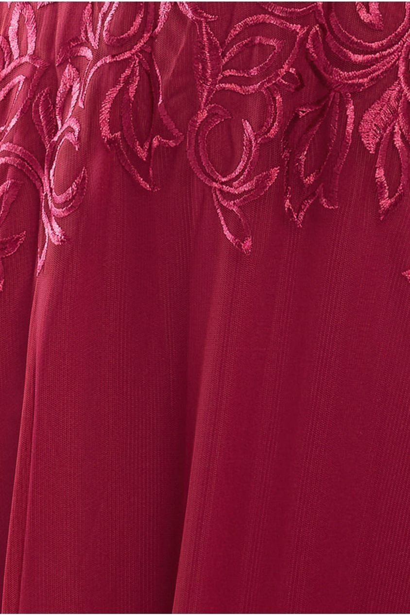 Lace Flutter Sleeve Embroidered Mesh A Line Maxi Dress - Burgundy DR3942