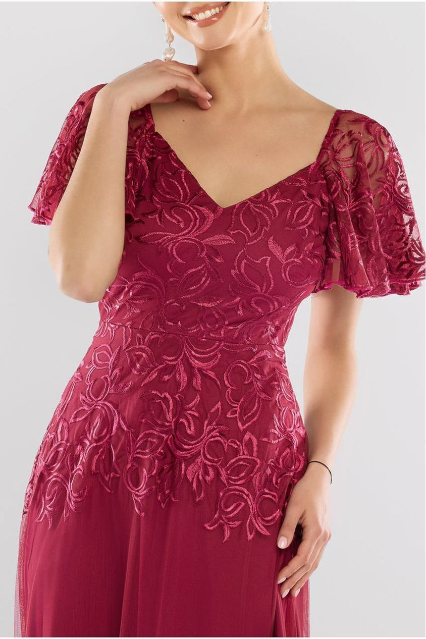 Lace Flutter Sleeve Embroidered Mesh A Line Maxi Dress - Burgundy DR3942