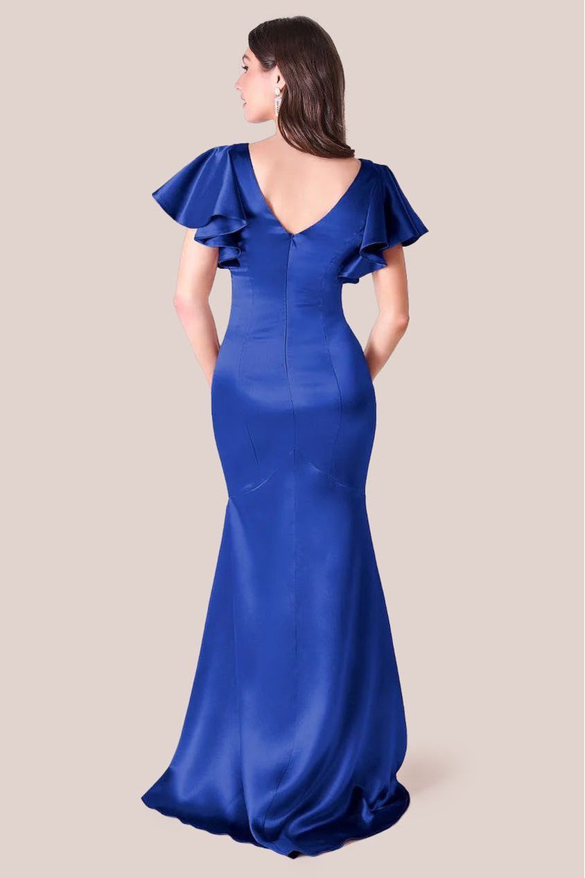 Satin Flutter Sleeve Mermaid Maxi - Navy DR3954