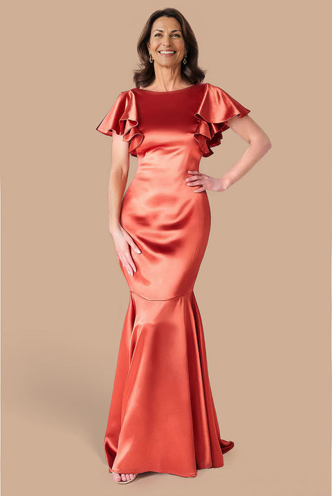 Satin Flutter Sleeve Mermaid Maxi - Burntorange by Goddiva