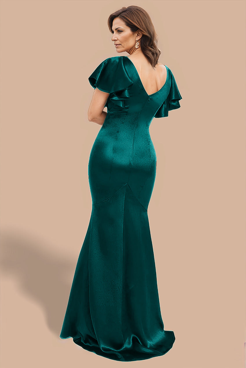 Satin Flutter Sleeve Mermaid Maxi - Emerald Green DR3954M