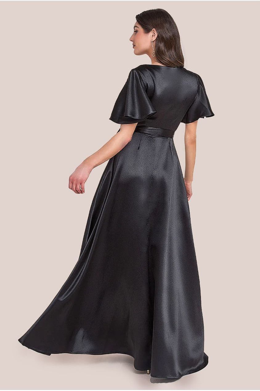 Flutter Sleeve Wrapover Satin Maxi Dress - Black DR3955