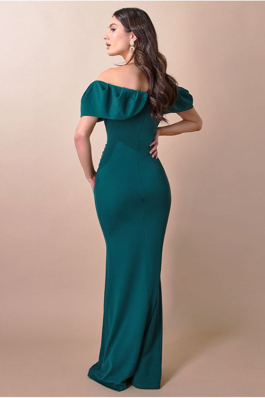 Scuba Crepe Pleated Bardot Maxi - Emerald Green DR3959