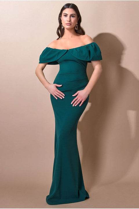 Scuba Crepe Pleated Bardot Maxi - Emerald Green by Goddiva