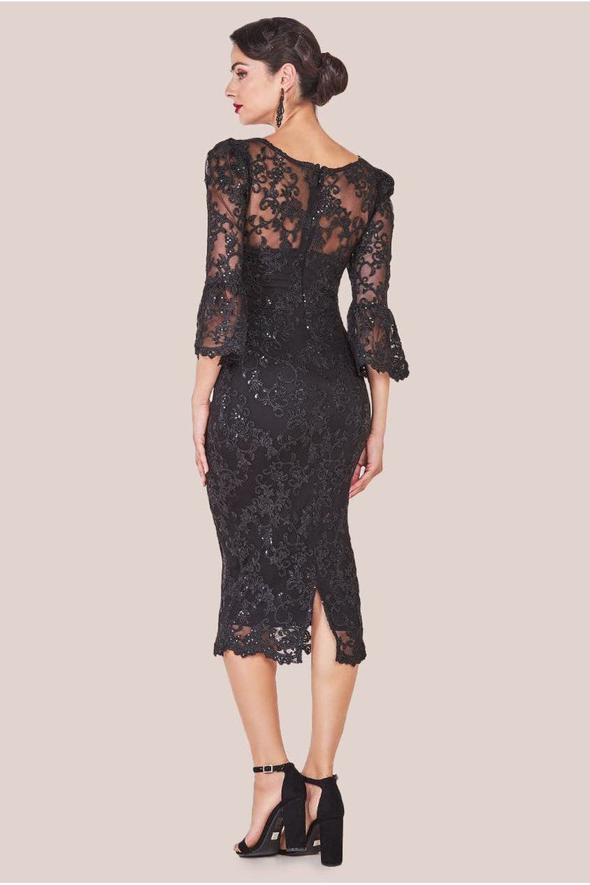 Sequin Scallop Lace Midi Dress - Black DR3960