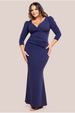 Three-Quarter Faux Wrap Neck Maxi Dress - Navy Blue by Goddiva Plus