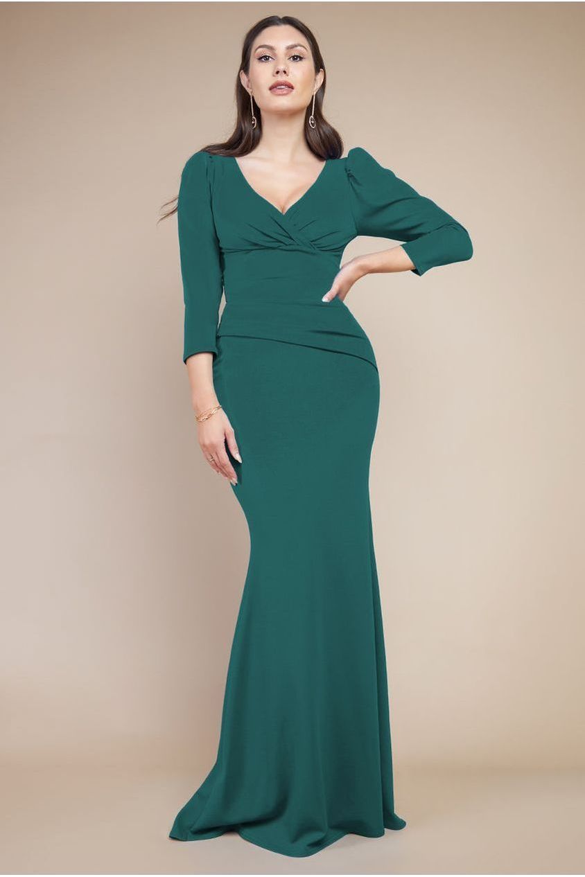 Front Wrap Pleated Scuba Maxi Dress - Emerald Green DR3975