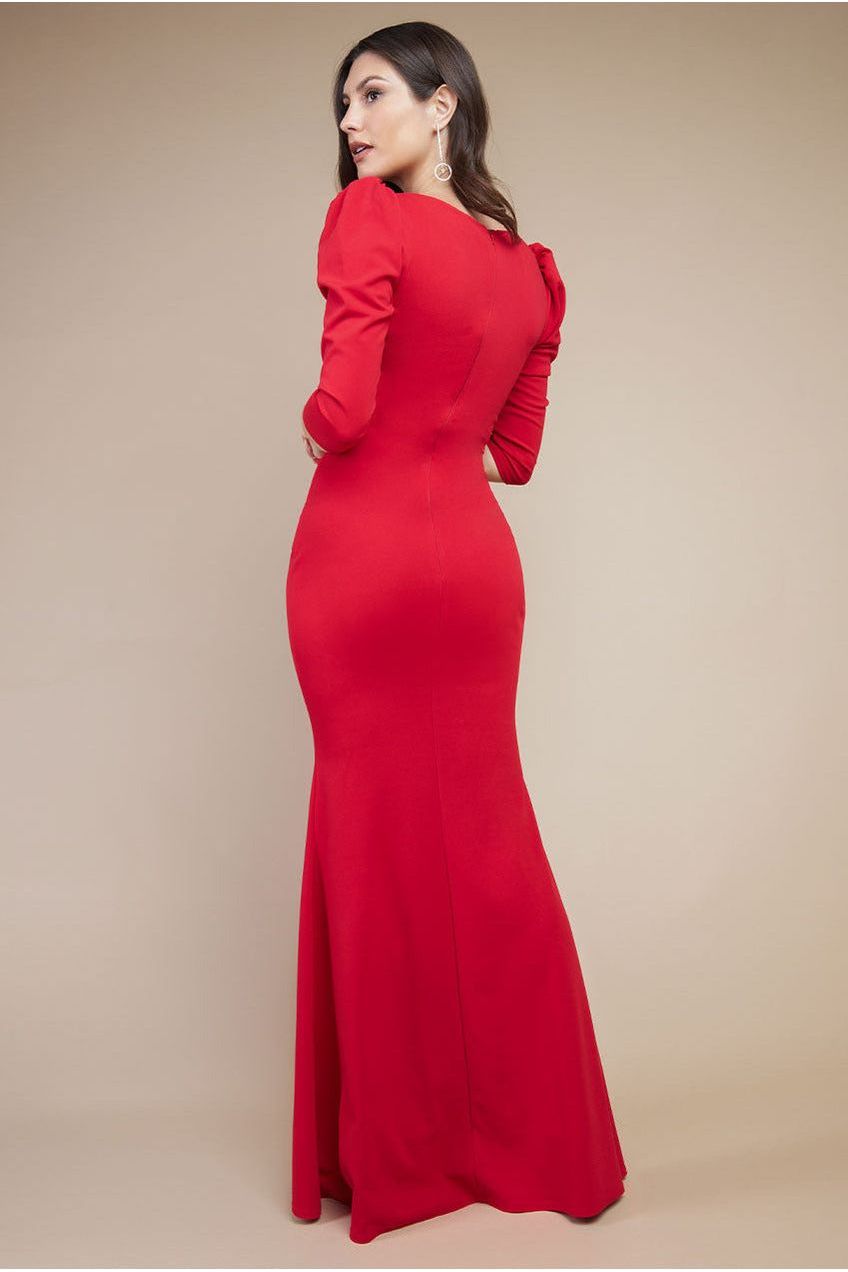 Front Wrap Pleated Scuba Maxi Dress - Red DR3975