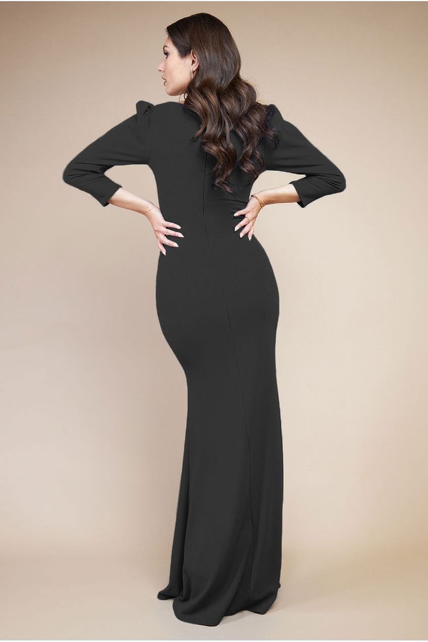 Front Wrap Pleated Scuba Maxi Dress - Black DR3975